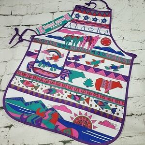 Vintage ALASKA Apron Purple Inuit Arctic Print Bears Eagles 80s NOS